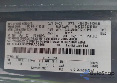 2023 Ford Transit-350 Passenger Van Xlt из США, поврежденный, VIN 1FBAX2C82PKA06866